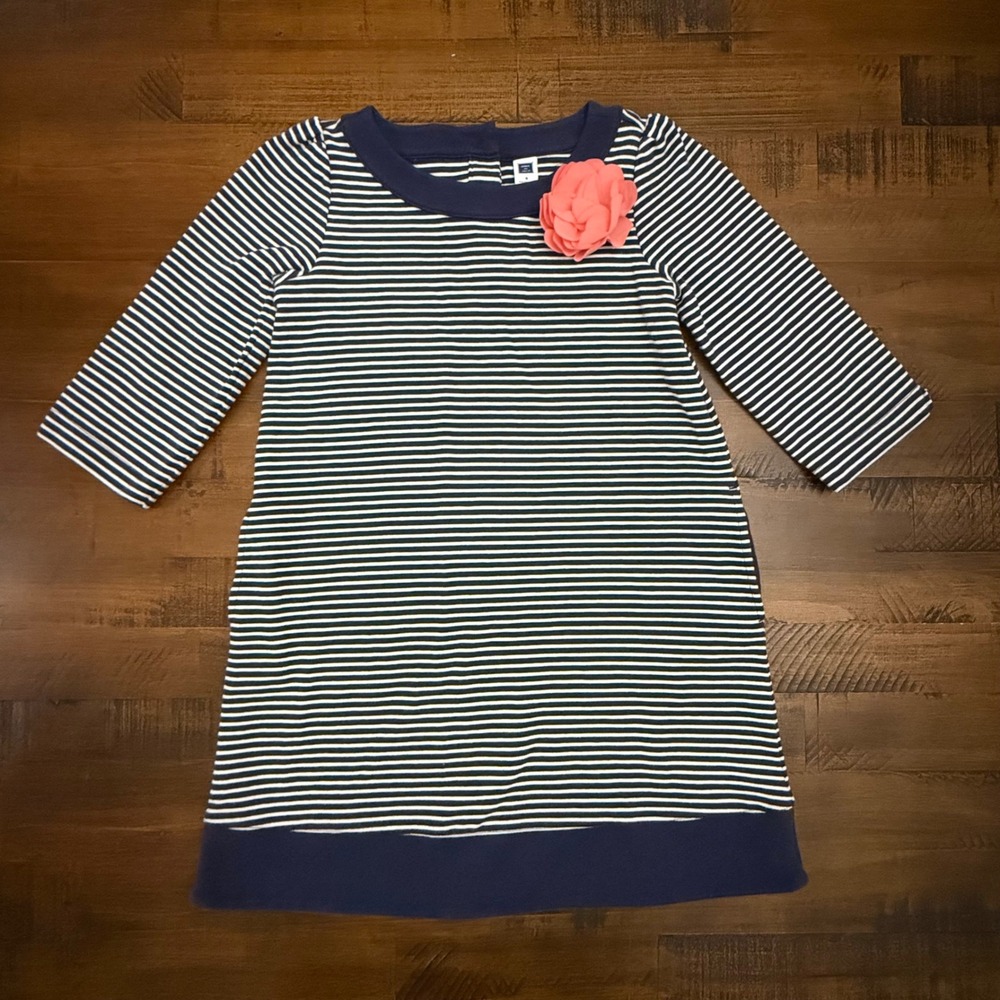 Janie and Jack Girls Striped Dress with Flower Accent Navy Blue White size 8